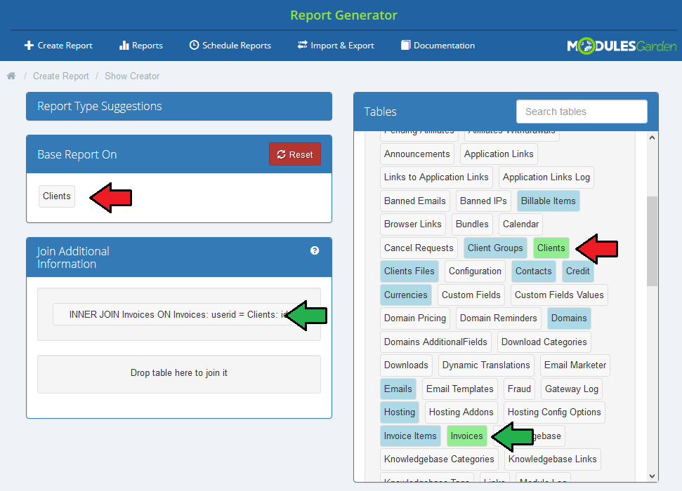 Report Generator 3.X For WHMCS: Beginner creator with Clients base table and Invoices joined in Join Additional