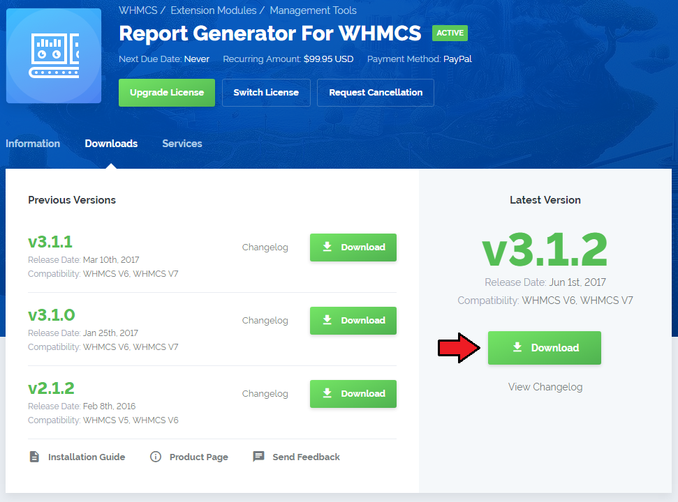 Report Generator 3.X For WHMCS: download the module from the client area Downloads tab with the Download button