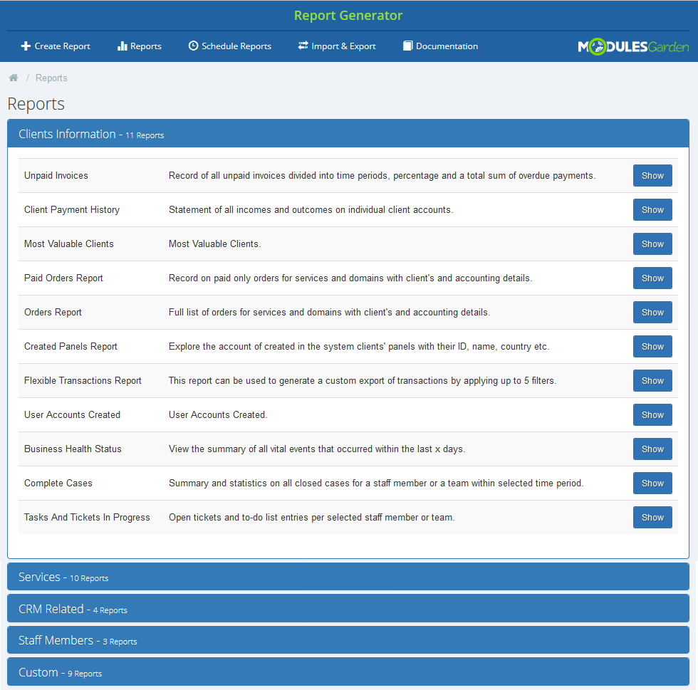 Report Generator 3.X For WHMCS: Clients Information category expanded with eleven predefined reports and Show buttons