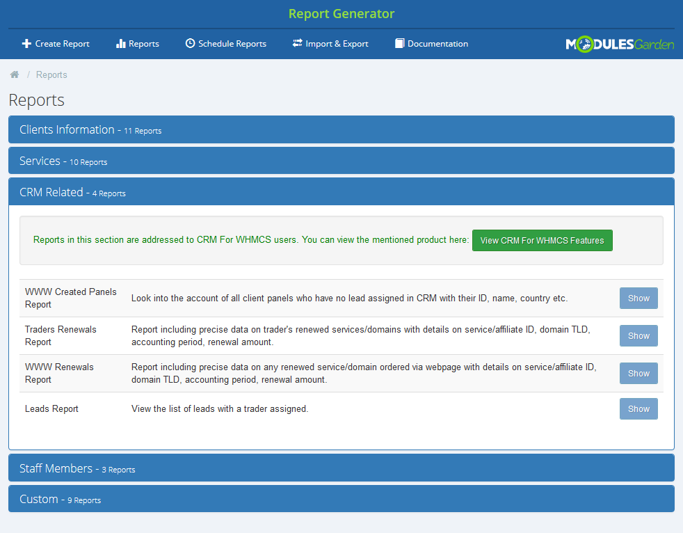Report Generator 3.X For WHMCS: CRM Related category with four reports and the View CRM For WHMCS Features button