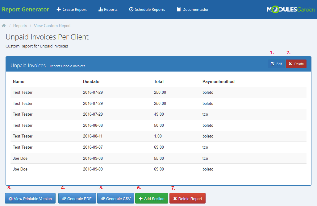 Report Generator 3.X For WHMCS: custom report view for Unpaid Invoices Per Client with numbered action buttons