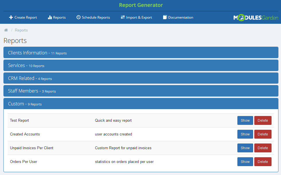 Report Generator 3.X For WHMCS: Custom category with a list of created reports and Show and Delete buttons