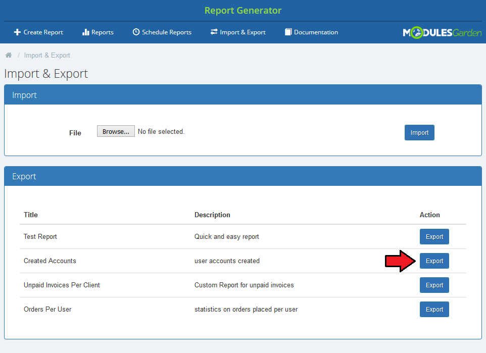 Report Generator 3.X For WHMCS: Import and Export page with the list of custom reports and Export buttons