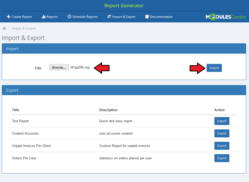 Report Generator 3.X For WHMCS: Import and Export page with a selected .rep file and the Import button