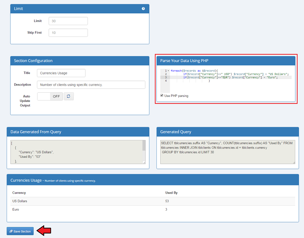 Report Generator 3.X For WHMCS: Intermediate creator with the Parse Your Data Using PHP code box and Save Section button