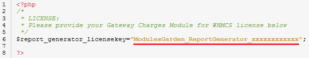 Report Generator 3.X For WHMCS: license.php file with the license key entered between quotation marks