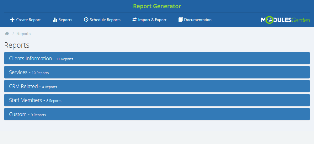 Report Generator 3.X For WHMCS: Report Generator module main page in the WHMCS admin area with five report categories