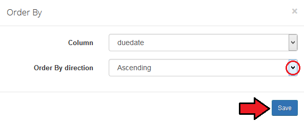 Report Generator 3.X For WHMCS: Order By dialog with due date column and ascending direction