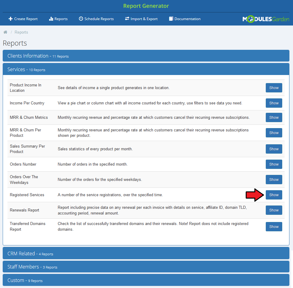 Report Generator 3.X For WHMCS: Services reports list with the Show button highlighted next to Registered Services