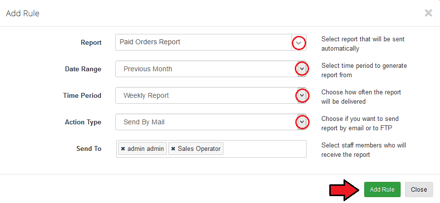 Report Generator 3.X For WHMCS: Add Rule dialog with report, date range, time period, action type and recipients