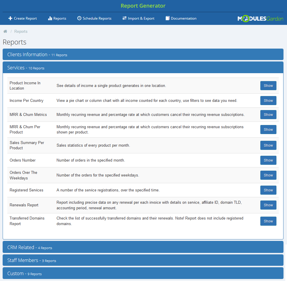 Report Generator 3.X For WHMCS: Services category expanded with predefined reports list and Show buttons