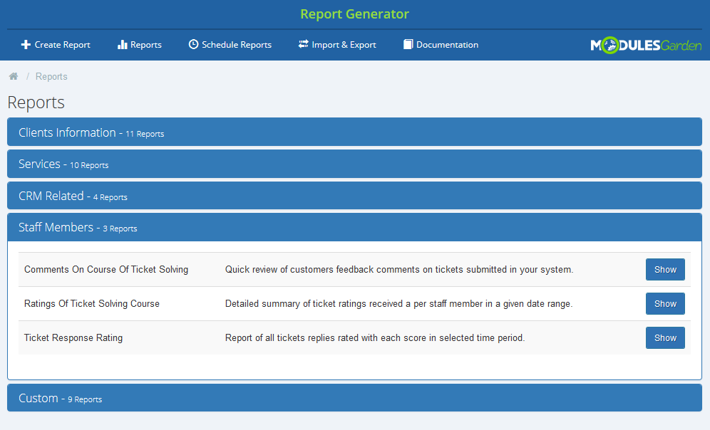 Report Generator 3.X For WHMCS: Staff Members category with three predefined ticket related reports