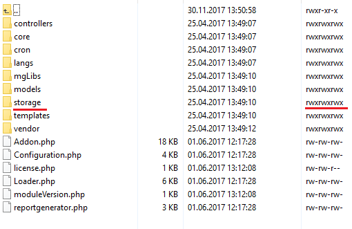 Report Generator 3.X For WHMCS: file manager with the storage folder set to writable permissions rwxrwxrwx