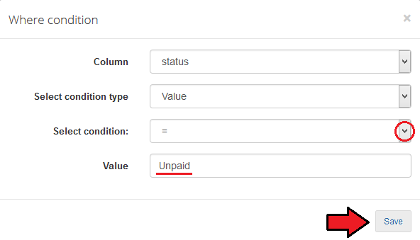 Report Generator 3.X For WHMCS: Where condition dialog with status column, equals condition and Unpaid value