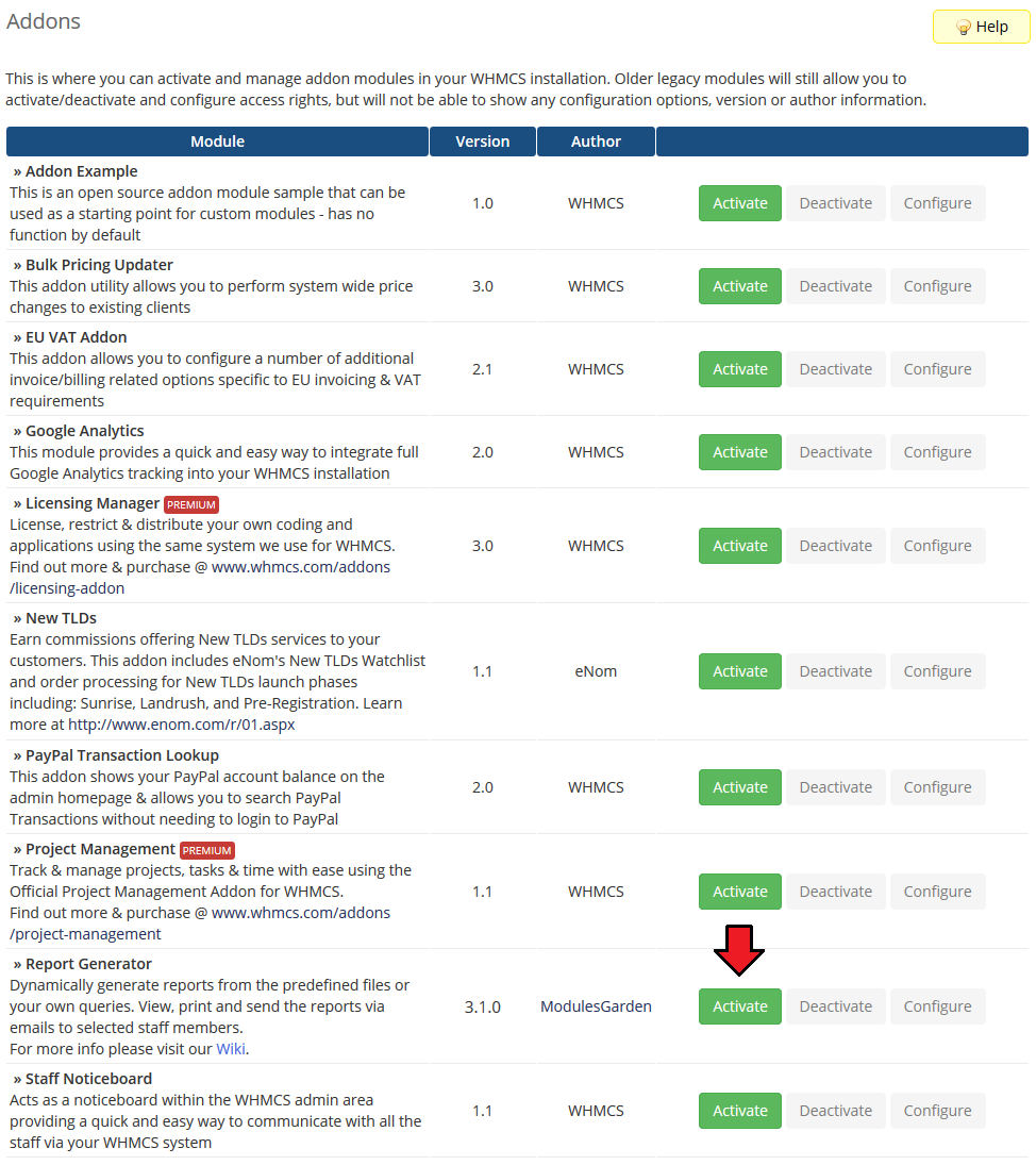 Report Generator 3.X For WHMCS: WHMCS Addon Modules list with the Activate button next to Report Generator