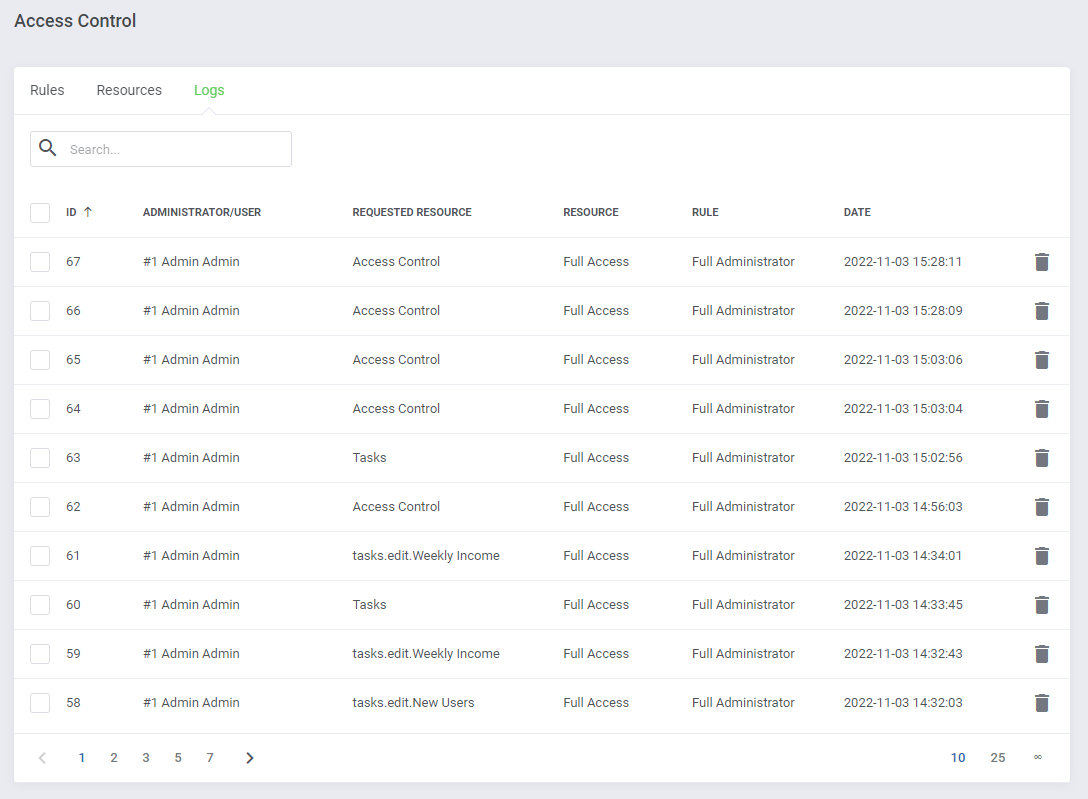 Report Generator For WHMCS: Access Control Logs tab with requested resources and checkboxes and delete buttons per entry