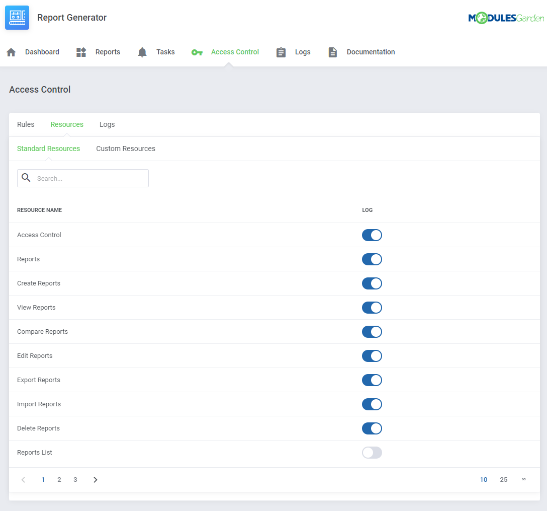 Report Generator For WHMCS: Access Control Resources tab, Standard Resources list with logging switches