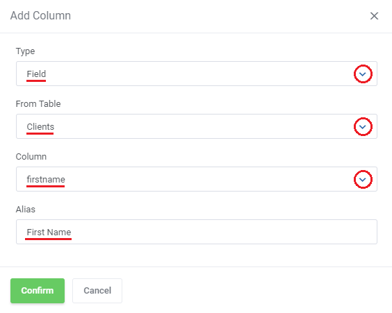 Report Generator For WHMCS: Add Column dialog with Field type, Clients table, firstname column and First Name alias