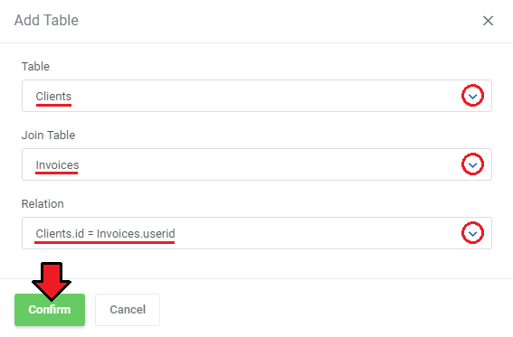 Report Generator For WHMCS: Add Table dialog with Clients joined to Invoices using the Clients.id = Invoices.userid
