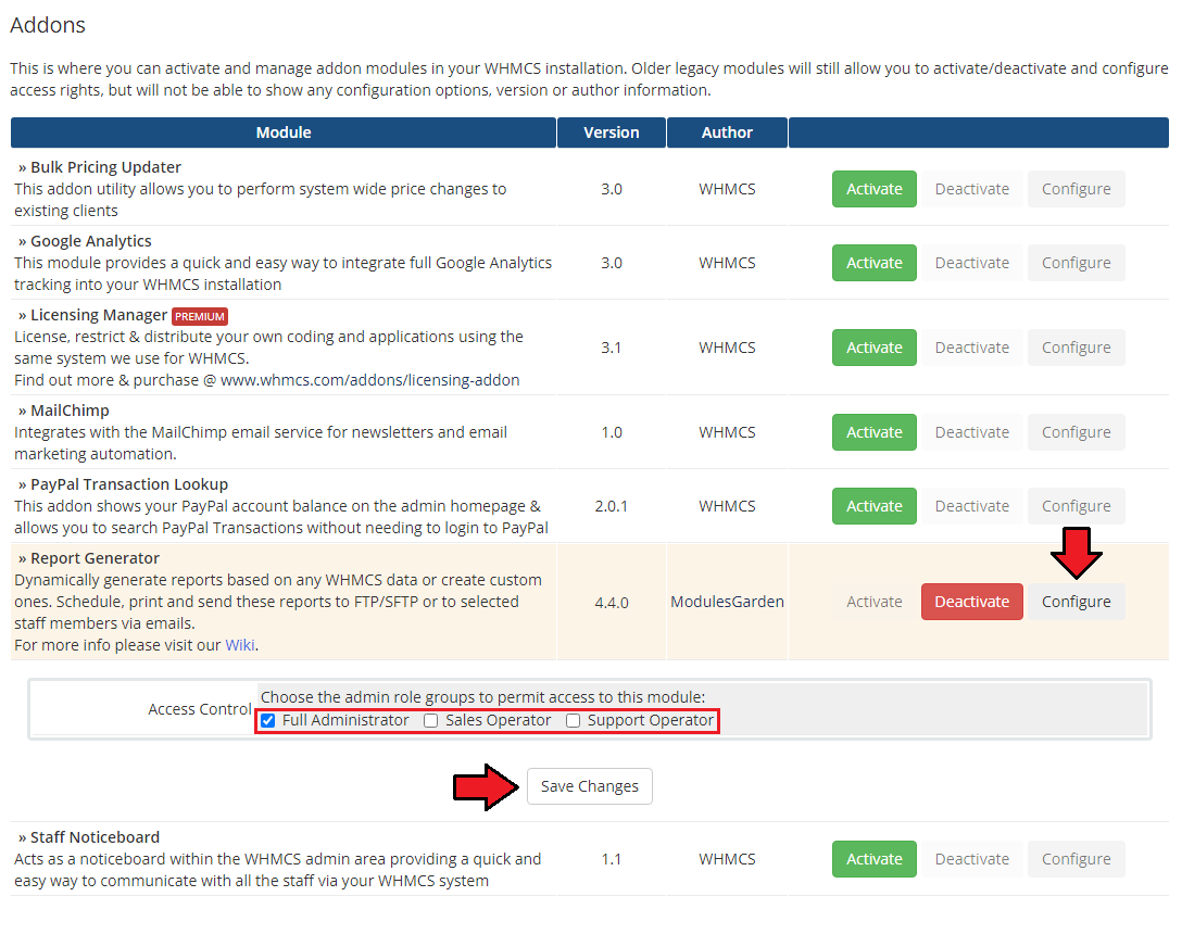 Report Generator For WHMCS: WHMCS Addon Modules access control with Full Administrator ticked and Save Changes button