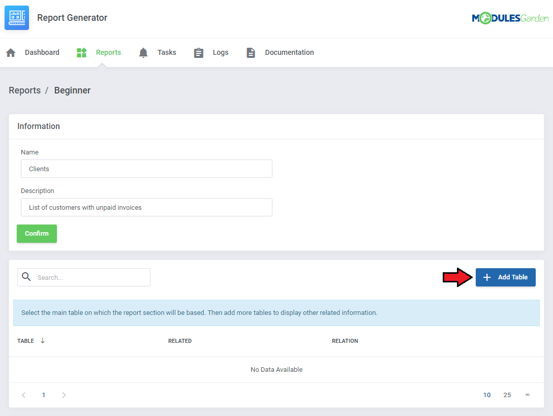 Report Generator For WHMCS: Beginner widget page with an arrow pointing to the Add Table button and an empty table list