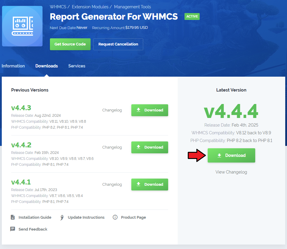 Report Generator For WHMCS: module download page in the client area with the Download button for version 4.4.4