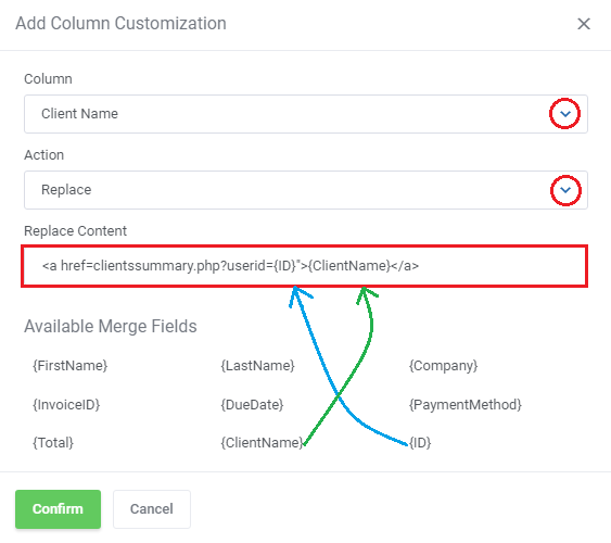 Report Generator For WHMCS: Add Column Customization dialog with Replace action and a link as the replacement content
