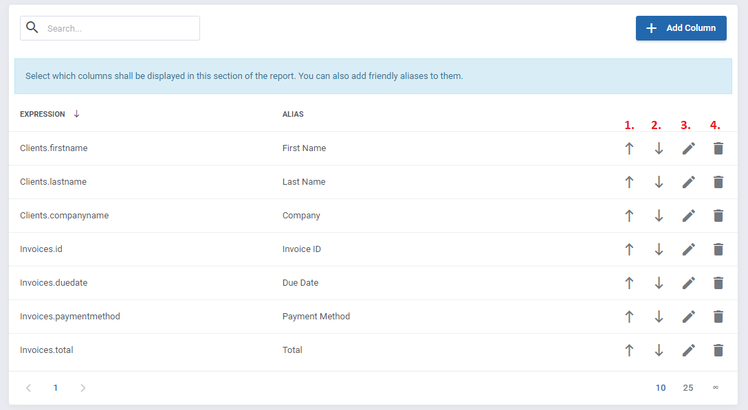 Report Generator For WHMCS: list of added columns with numbered icons for move up, move down, edit and delete