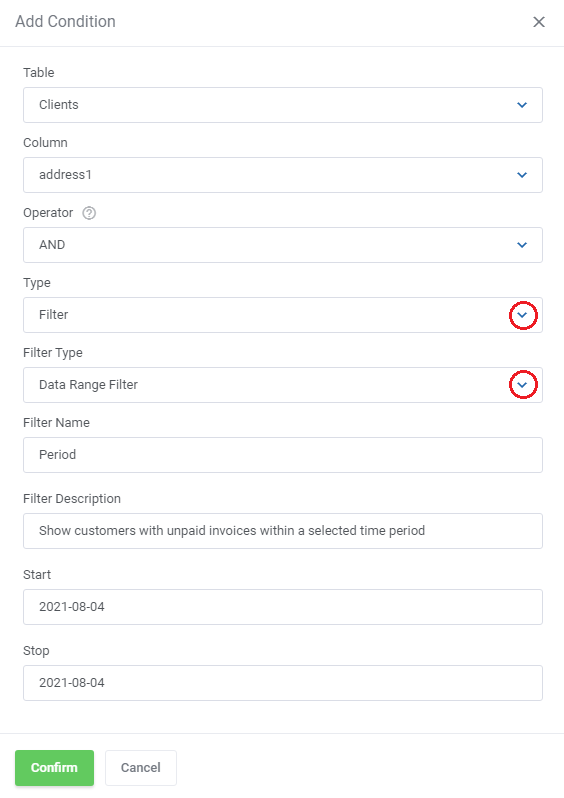 Report Generator For WHMCS: Add Condition form with a Filter type and a date range filter named Period