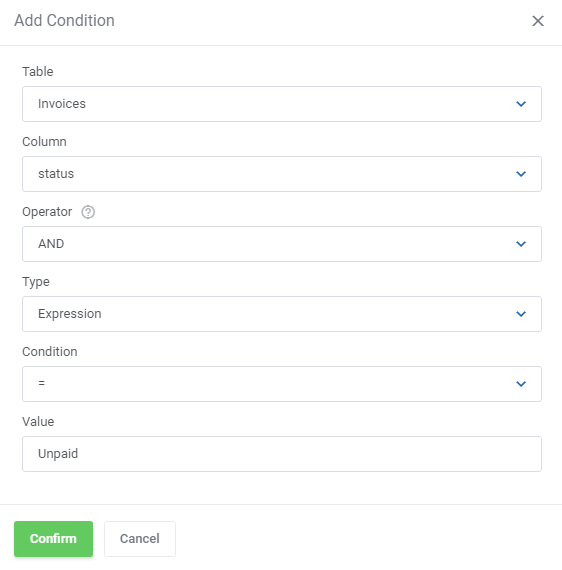 Report Generator For WHMCS: Add Condition form with Invoices table, status column and Unpaid expression value