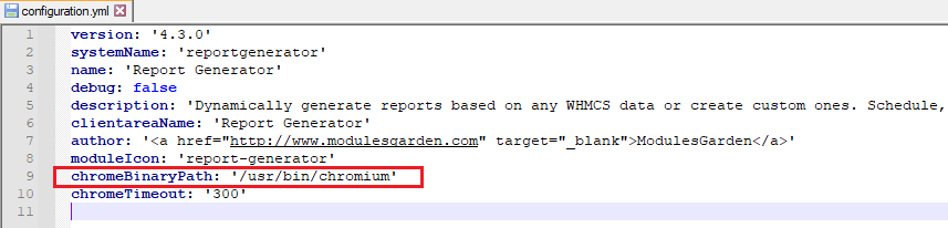 Report Generator For WHMCS: configuration.yml file in an editor with the chromeBinaryPath line highlighted