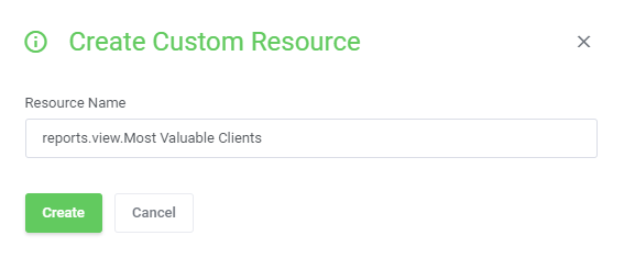 Report Generator For WHMCS: Create Custom Resource dialog with a resource name field