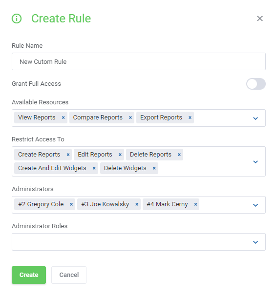 Report Generator For WHMCS: Create Rule form with rule name, available resources, restrictions, administrators and roles