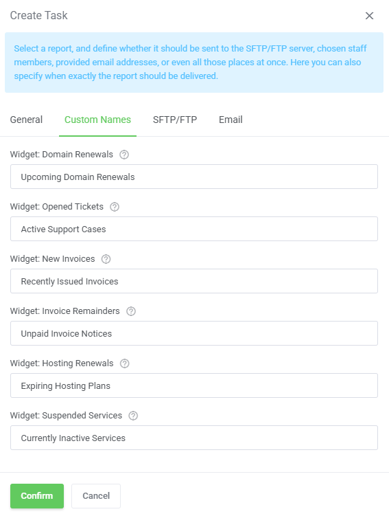 Report Generator For WHMCS: Create Task form, Custom Names tab, with custom titles for report widgets