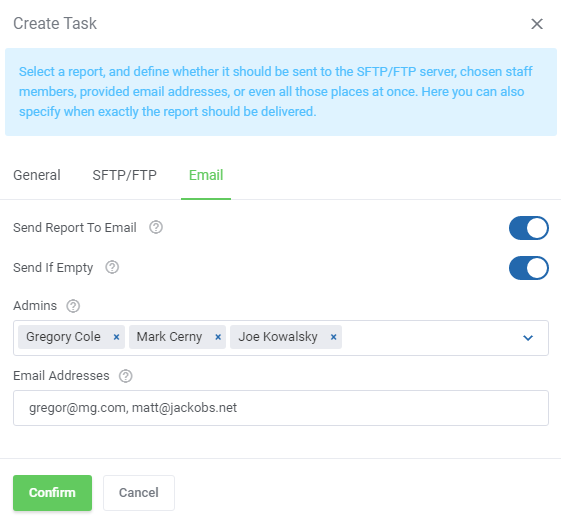 Report Generator For WHMCS: Create Task form, Email tab, with send to email switch, admin users and email addresses