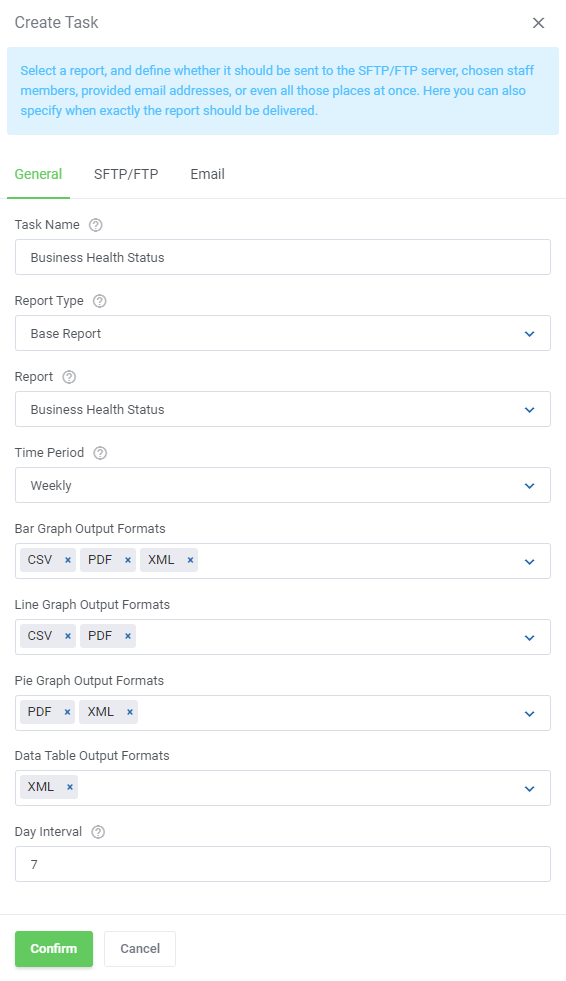 Report Generator For WHMCS: Create Task form, General tab, with task name, report, time period and output formats
