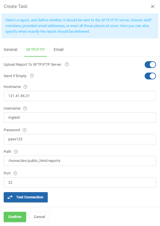 Report Generator For WHMCS: Create Task form, SFTP/FTP tab, with server upload switch, host, login, path and Test