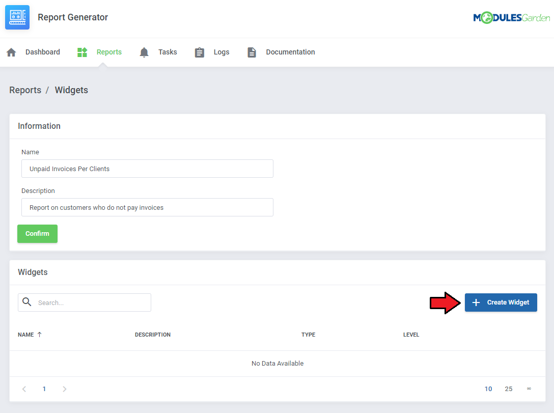 Report Generator For WHMCS: Reports Widgets page with report details and an arrow pointing to the Create Widget button