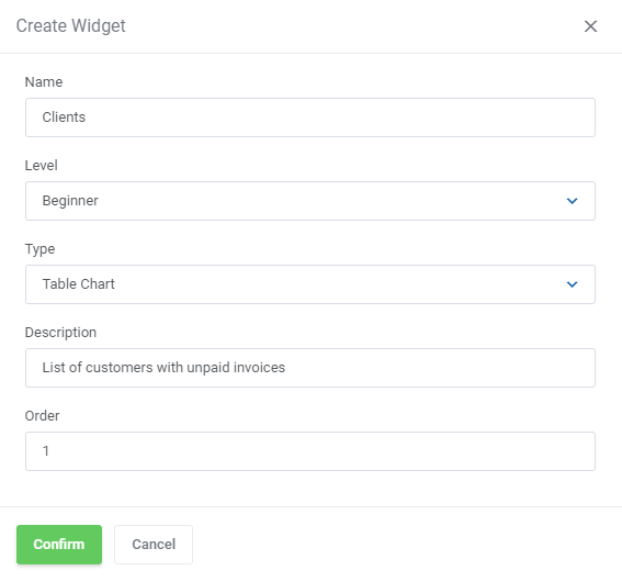Report Generator For WHMCS: Create Widget dialog with name, Beginner level, Table Chart type, description and order