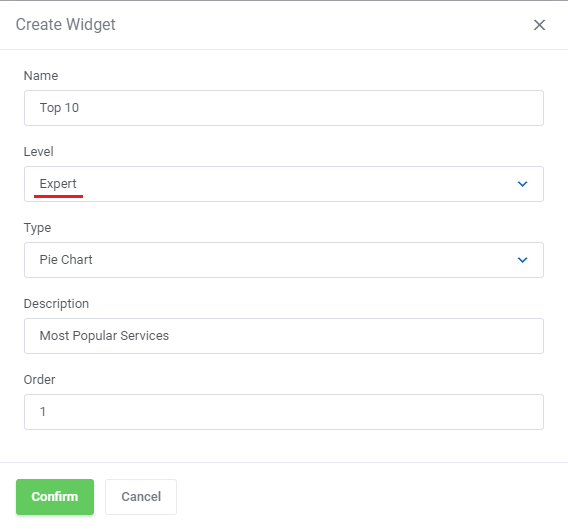 Report Generator For WHMCS: Create Widget form with the Expert level, Pie Chart type and description