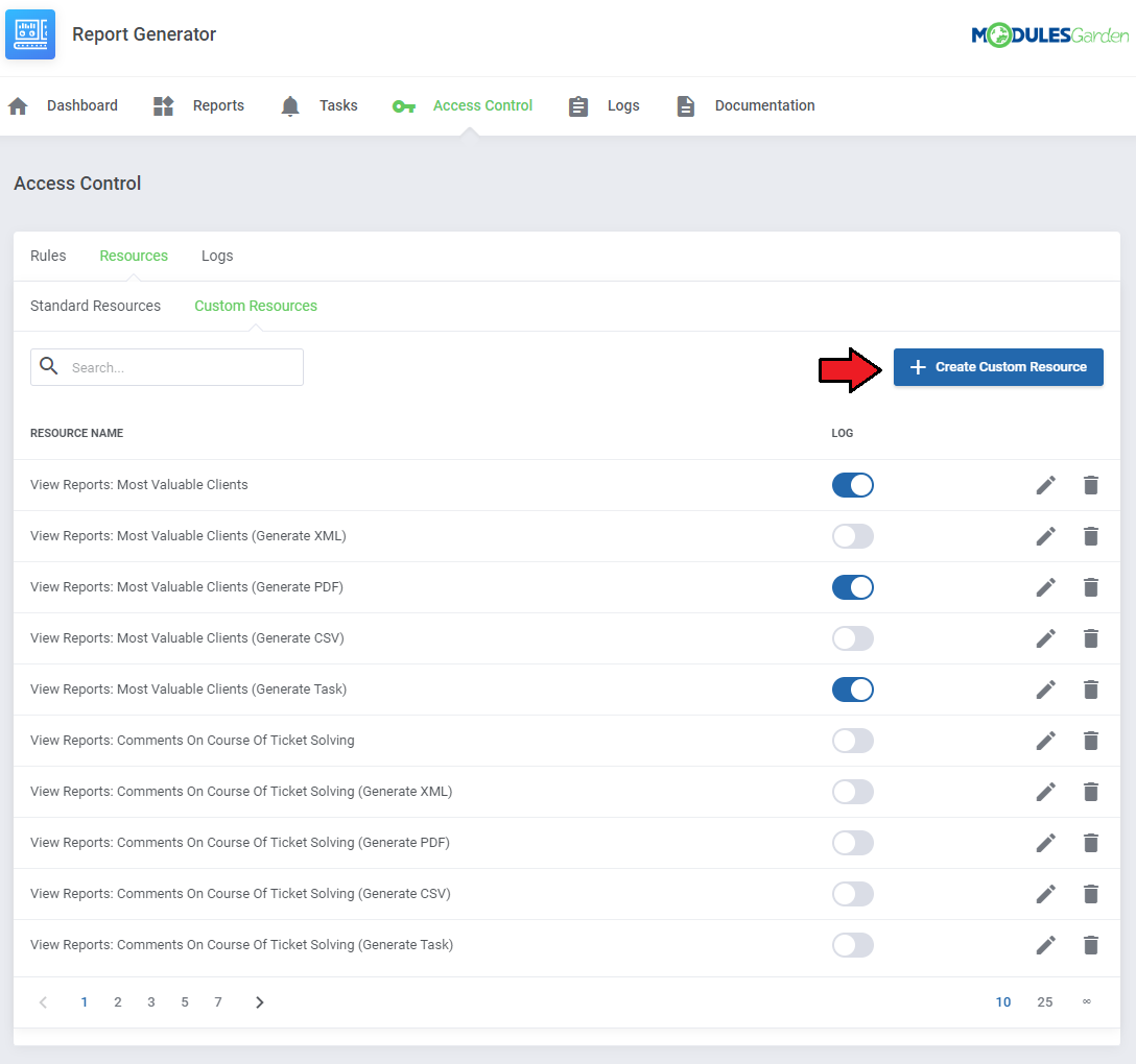 Report Generator For WHMCS: Custom Resources list with logging switches and the Create Custom Resource button