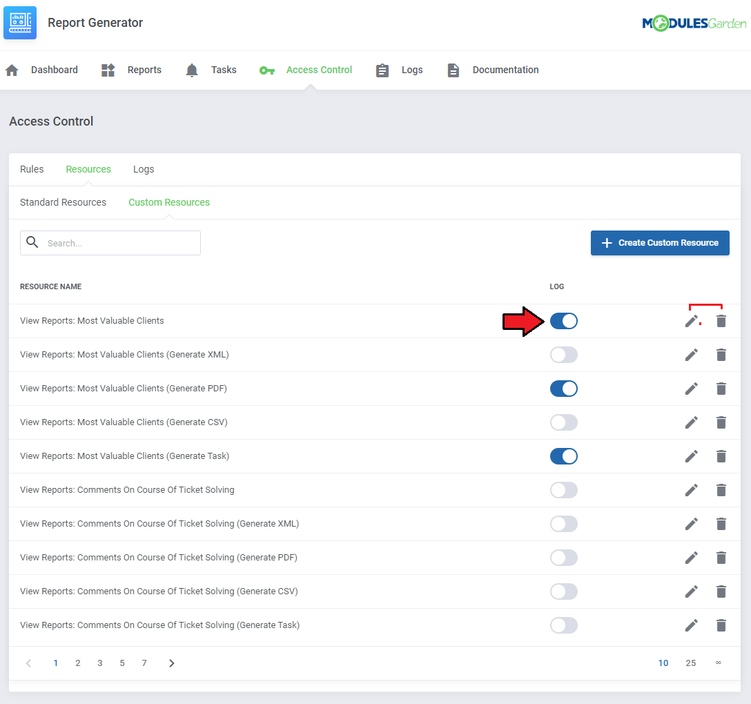 Report Generator For WHMCS: Custom Resources list with a logging switch and edit and delete buttons highlighted