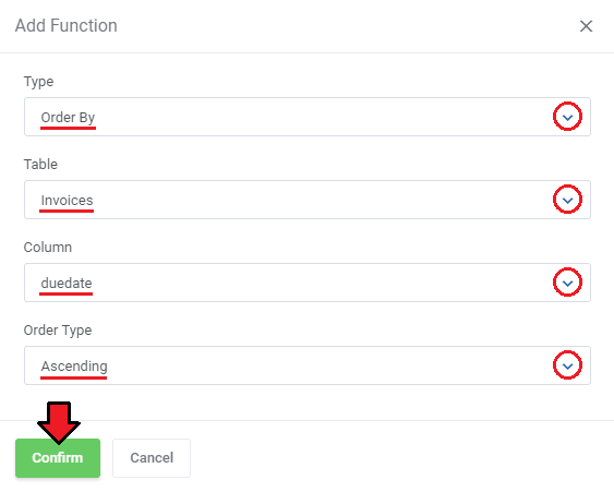 Report Generator For WHMCS: Add Function form with Order By on the Invoices duedate column in ascending order