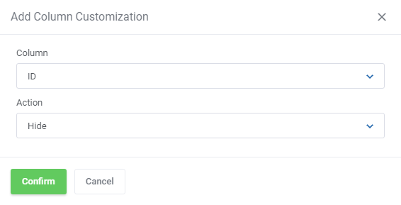 Report Generator For WHMCS: Add Column Customization dialog with the ID column and the Hide action