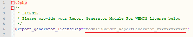 Report Generator For WHMCS: license.php file open in an editor with the license key variable highlighted