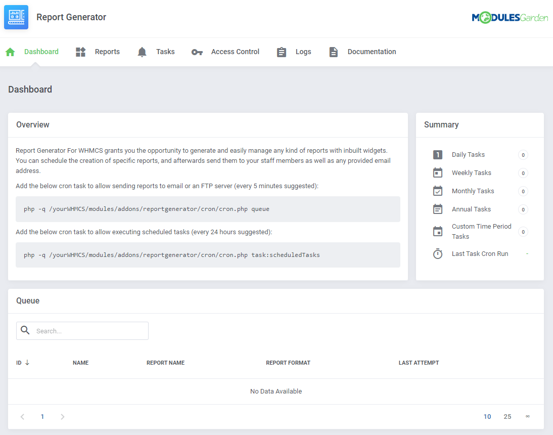 Report Generator For WHMCS: module dashboard in the WHMCS admin area with the overview, summary and empty queue