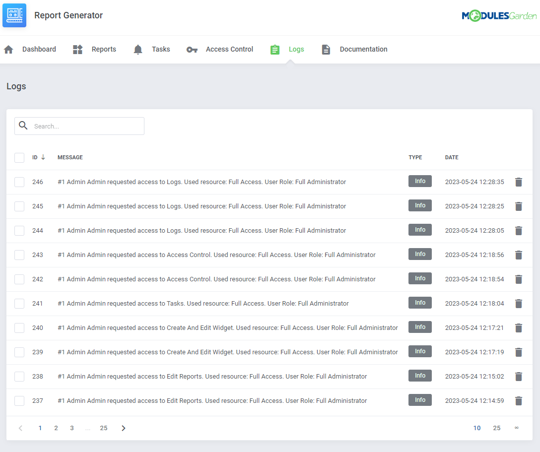 Report Generator For WHMCS: module Logs page with messages, types and dates, checkboxes and delete buttons