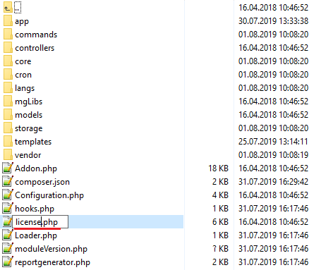 Report Generator For WHMCS: module folder listing in a file manager with license.php being renamed from