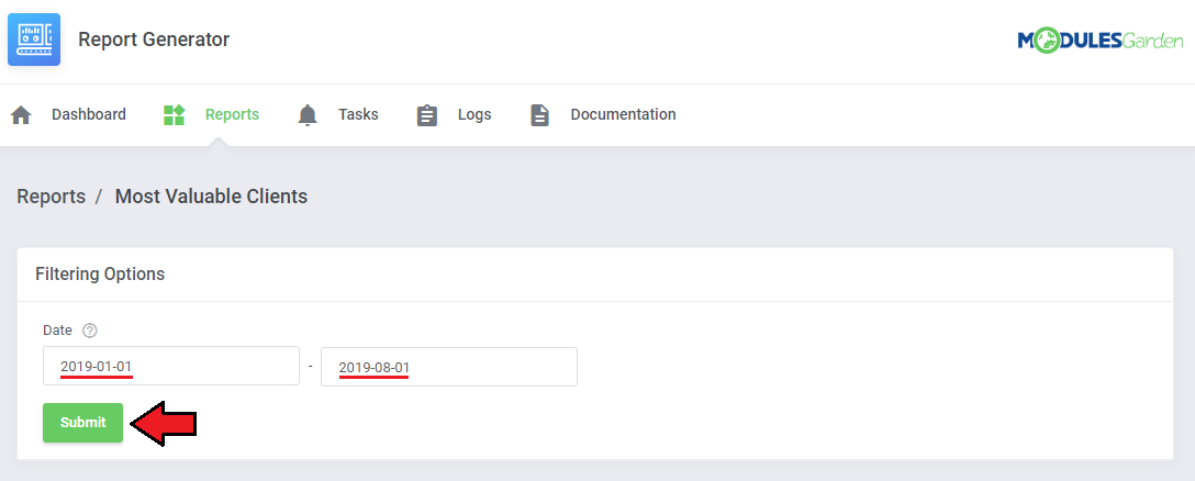 Report Generator For WHMCS: Most Valuable Clients report page with the date range filter and Submit button