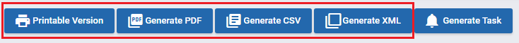 Report Generator For WHMCS: report buttons: Printable Version, Generate PDF, Generate CSV, Generate XML and Generate